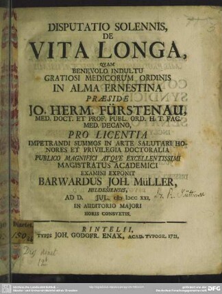 Disputatio Solennis, De Vita Longa