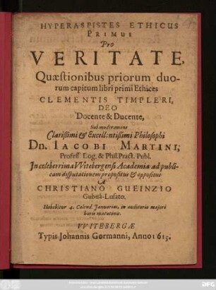 Hyperaspistes Ethicus Primus Pro Veritate, Quaestionibus priorum duorum capitum libri primi Ethices Clementis Timpleri