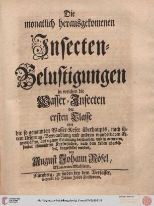 Titelblatt: Wasser= Insecten, erste Klasse