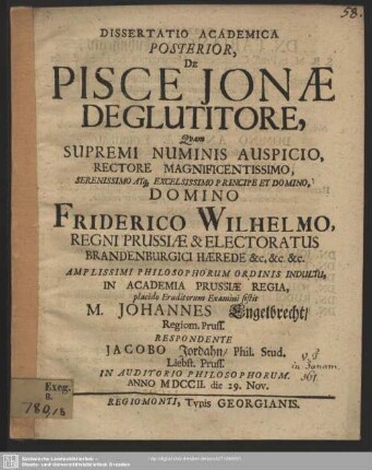 2: Dissertatio Academica ... De Pisce Jonae Deglutitore