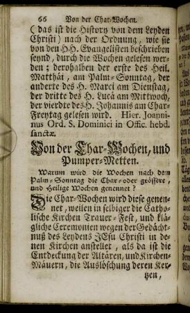 Von der Char-Wochen, und Pumper-Metten.