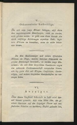 V. Oekonomische Rathschläge.