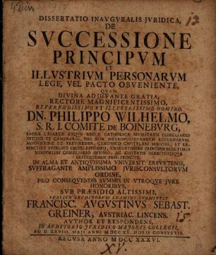 Dissertatio Inavgvralis Jvridica, De Svccessione Principvm Et Illvstrivm Personarvm Lege, Vel Pacto Obveniente