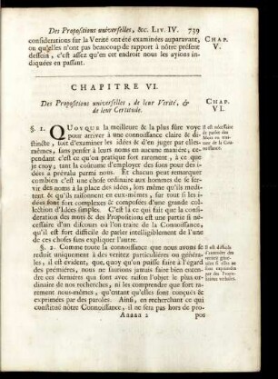 Chapitre VI. Des Propositions universelles, de leur Verité, & de leur Certitude