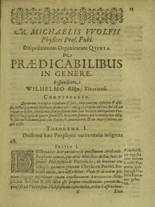 Michaelis Wolfii ... de praedicabilibus in genere