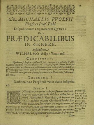 Michaelis Wolfii ... de praedicabilibus in genere