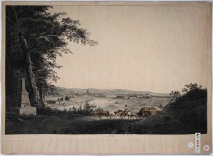 Stadtansicht von Dresden, Blick von der Bautzner Landstraße an der Viertelmeilensäule in der Nähe des heutigen Waldschlösschens nach Westen über die Elbe auf Altstadt und Neustadt, links Antons, im Vordergrund ein Fuhrwerk