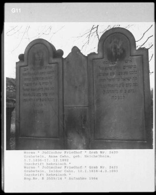 Grabstein der Anna Cahn (geborene Heichelheim) (gestorben 1892.12.17) und des Isidor Cahn (gestorben 1893.03.04)