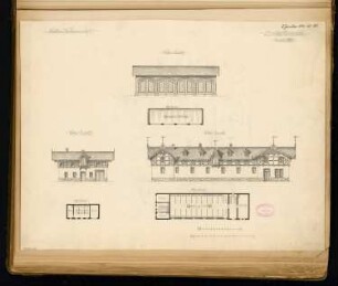 Jagdhaus Monatskonkurrenz Januar 1880: 2 Stallgebäude und eine Remise: Grundriss Erdgeschoss, Aufriss Vorderansicht; 2 Maßstabsleisten