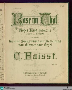 Rose im Thal : Hohes Lied Salom. 2,1.2; für eine Singstimme mit Begleitung von Clavier oder Orgel