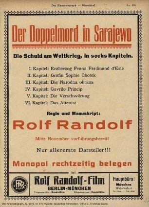 Der Doppelmord in Sarajewo. Anzeige aus "Der Kinematograph"