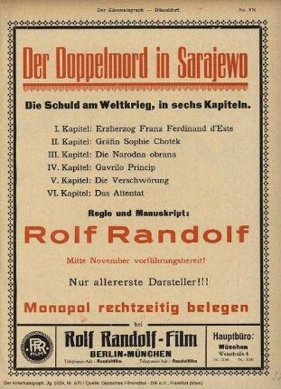 Der Doppelmord in Sarajewo. Anzeige aus "Der Kinematograph"