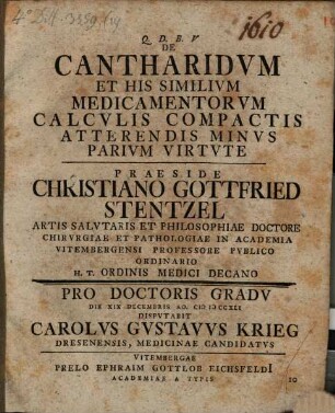 De cantharidum et his similium medicamentorum calculis compactis atterendis minus parium virtute
