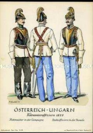Uniformdarstellung, Rittmeister und Stabsoffiziere der Kürassier-Regimenter, in Feld- bzw. Parade-Uniform, Kaiserreich Österreich, 1855.
