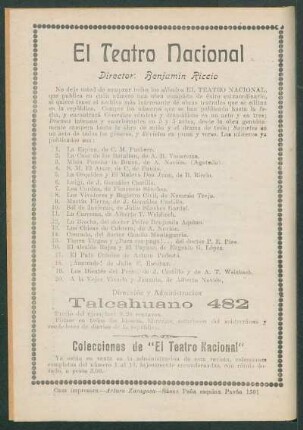 [Obras publicadas de] El Teatro Nacional