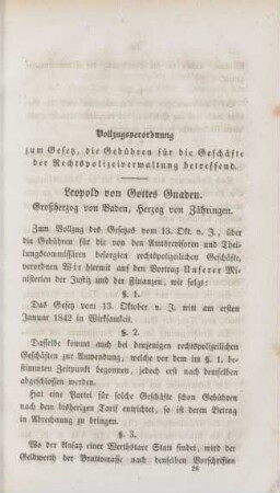 Vollzugsverordnung zum Gesetz, die Gebühren für die Geschäfte der Rechtspolizeiverwaltung betreffend