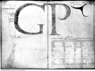 Skizzenbuch, San Zeno in Pisa, Detailstudien; Thermen in Cimiez, Grundriss; Monogramm "GP"