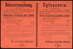 "Bekanntmachung." Einsammlung von Obstkernen, Kastanien und Eicheln (3267, Tgb.Nr. Z. W.A. 4886/17.Kf.)