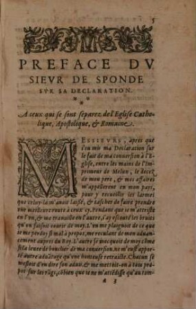 Declaration des principaux motifs, qui ont induit le feu Sieur de Sponde, a s'unir à l'Eglise Catholique