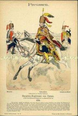 Uniformdarstellung, Gemeine, Stabsoffizier und Subalternoffizier des Leib-Husaren-Regiments H 2 in Parade-Uniform, Königreich Preußen, 1775.