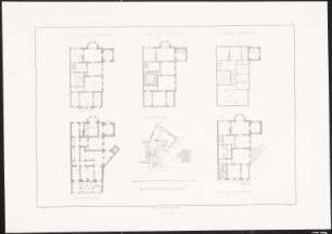 Wohnhaus Hitzig Lennéstraße 8, Berlin-Tiergarten: Lageplan, Grundrisse Keller, 1.OG, 2.OG, 3.OG, 4.OG (aus: Architektonisches Album, Bd. 1, H.12, hrsg.v. Stüler, Knoblauch, Salzenberg, Strack, 1846)