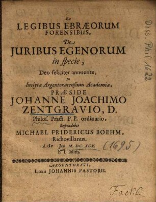 Ex Legibus Ebraeorum Forensibus, De Juribus Egenorum in specie
