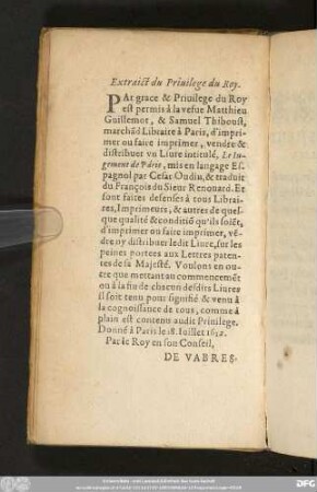 Extraict du Privilege du Roy.