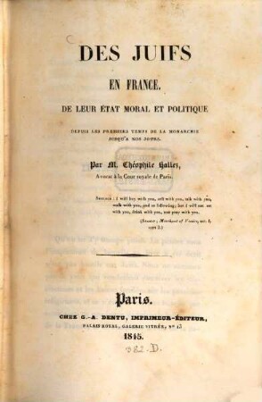 Des Juifs en France : de leur état moral et politique depuis les premiens temps de la monarchie jusqu'à nos jours