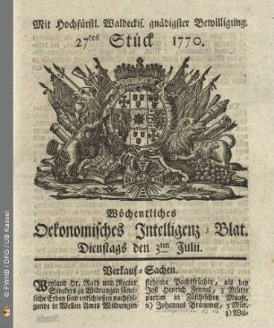 27tes Stueck, Dienstags den 3ten Julii 1770
