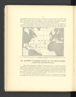 Fig. 4. Average volume of macroplankton from hauls with 600 metres wire (2 metres stramin-net S. of the dotted line, 1 1/2 metre stramin-net N. of the line).
