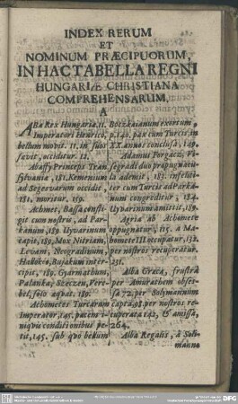 Index Rerum Et Nominum Praecipuorum, In Hac Tabella Regni Hungariae Christiana Comprehensarum