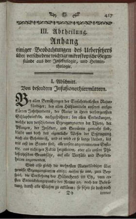 III. Abtheilung. Anhang einiger Beobachtungen des Uebersetzers über verschiedene wichtige mikroskopische Gegenstände aus der Insektologie, und Helminthologie.