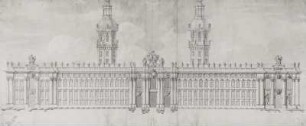 Entwurf für die Erweiterung des Dresdner Schlosses, Aufriß der Hauptfront (1711, M. D. Pöppelmann. Feder, Tusche, Wasserfarben; 43,3 x 103,0 cm). Sächsische Landesbibliothek – Staats- und Universitätsbibliothek Dresden, Handschriftensammlung, Mscr. Dresd. L. 4/Blatt 3