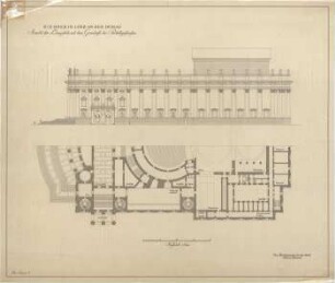 Fick, Roderich; Linz an der Donau (Österreich); Opernhaus mit Platzgestaltung - Längsseite (Ansicht); Parkettgeschoß (Grundriss)