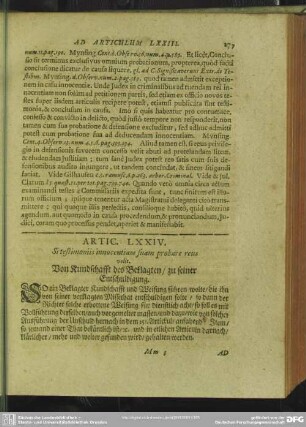Artic. LXXIV. Si testimoniis innocentiam suam probare reus velit. Von Kundschafft des Beklagten, zu seiner Entschuldigung