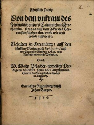 Predigt vom Unkraut des Zwingl. und Calvinischen Irrthums