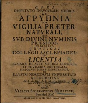 Dispvtatio Inavgvralis Medica De Agrypnia Sive Vigilia Praeternatvrali