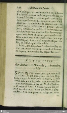 Lettre DLXXX. Aux Rochers, ce Dimanche, 11. Septembre, 1689
