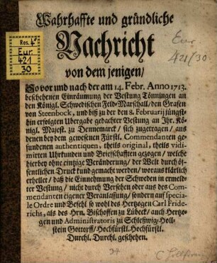 Wahrhaffte Nachricht von demjenigen, So bei der Vestung Tönningen sich zugetragen
