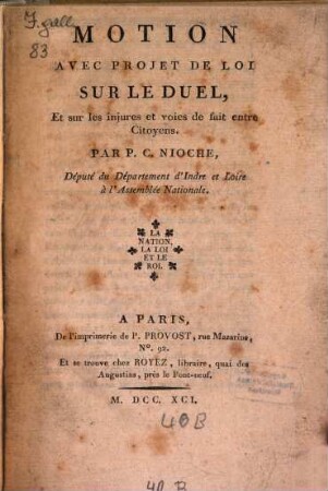 Motion avec projet de loi sur le duel