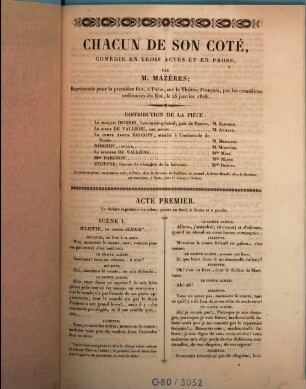 Chacun de son coté : Comédie en trois actes et en prose