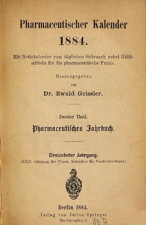 Pharmaceutischer Kalender. 13. 1884