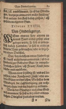 Titulus XXXIII. Von Hinderlegunge.