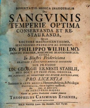 Dissertatio Medica Inauguralis De Sangvinis Temperie Optima Conservanda Et Restauranda