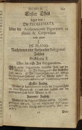 Erster Theil leget vor: Die Problemata Uber die Arithmeticam Figuratam in planis & Corperibus[...]
