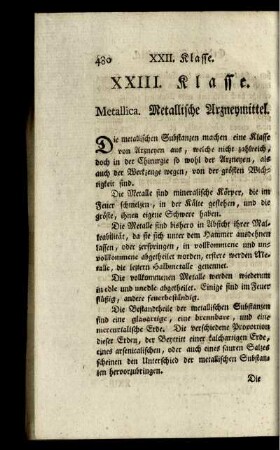 XXIII. Klasse. Metallica. Metallische Arzneymittel.