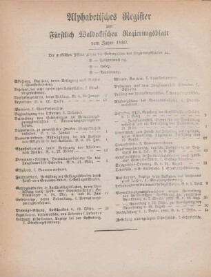 Alphabetisches Register zum Fürstlichen Waldeckischen Regierungsblatt vom Jahre 1880