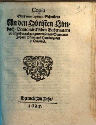Copia eines intercipirten Schreibens an den Obristen Limbach