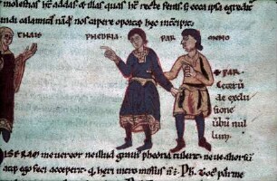 Die Komödien des Terenz — Szene mit drei Figuren im Redegestus
