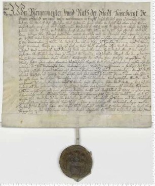 Bürgermeister und Ratsmannen verkaufen den Erben des Bürgermeisters Lutke von Dassel für 400 Mark eine Rente von 18 Mark zur Armenspeisung auf dem St. Nikolaihof vor Bardowick.